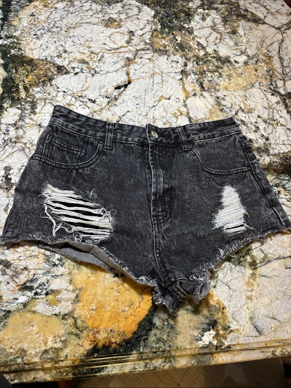 Forever 21 Black Washed Distressed Denim Shorts
